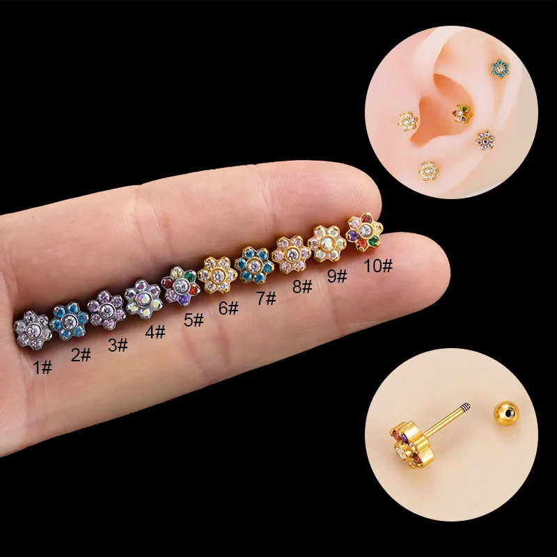 

1PC Hypoallergenic 316L Surgical Steel Stud Earrings Colorful CZ Flower Cartilage Earrings Piercing Jewelry Helix Tragus Earring