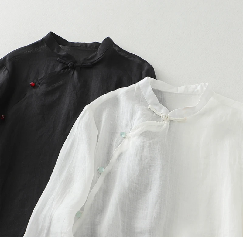 Cotton and Linen Blouse Women Spring and Summer Retro Chinese Zen Elegant Solid Color Tops Ethnic Style Shirt Female