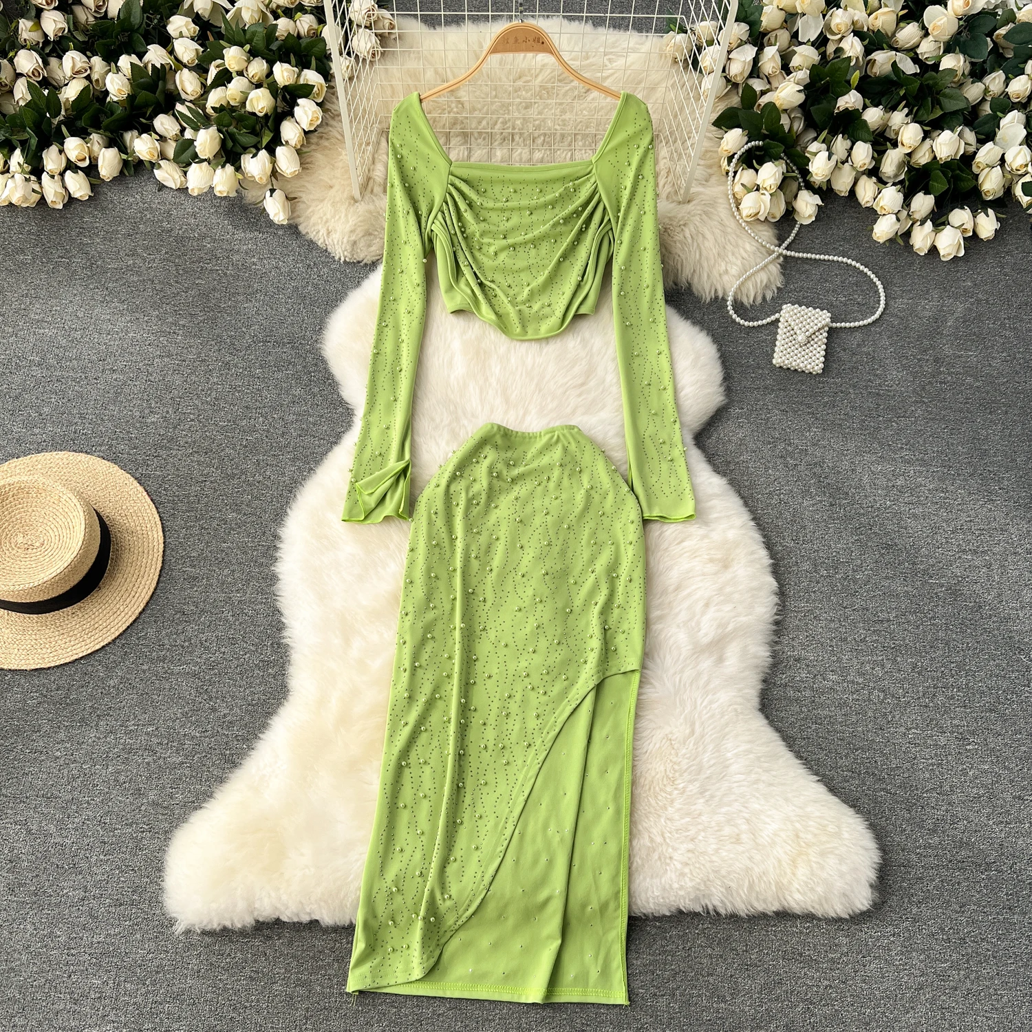 

Women Summer Sexy Skirt Sets Split Long Sleeve Short Pullover Tops+Beaded High Waist High Slit Skirt Lady Vacation Clothes Sets
