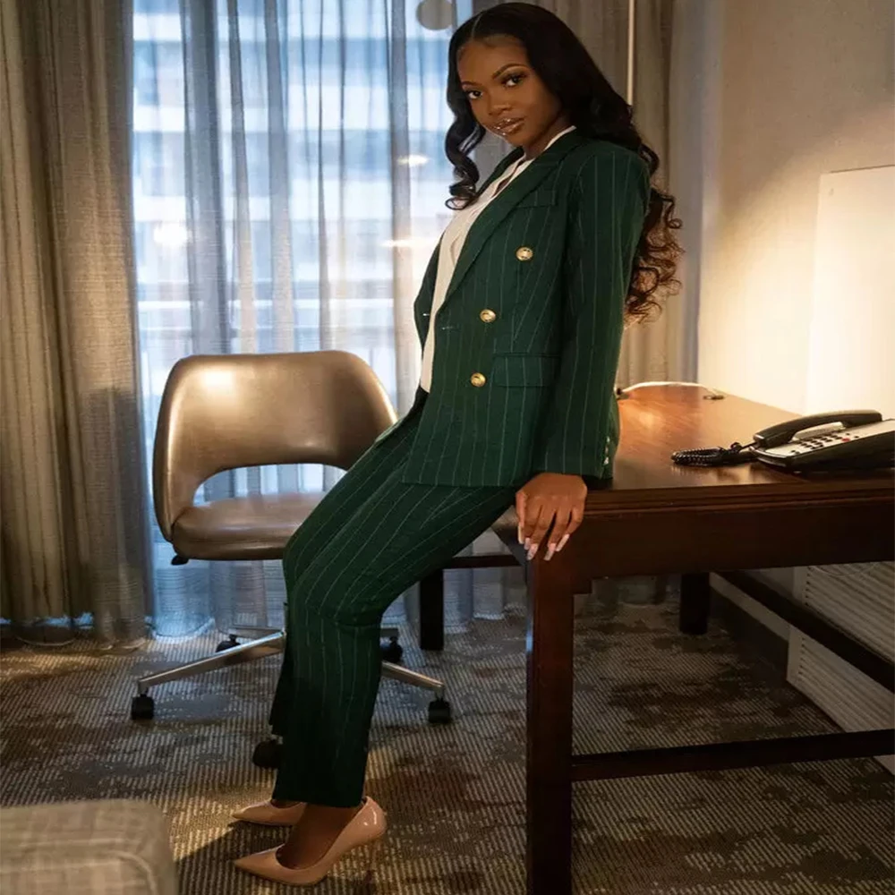 2024 New Elegant Office Women's Pants Suits Hunter Green Striped Street Celebration Blazer Sets Evening Party Prom Wear 2 Pieces