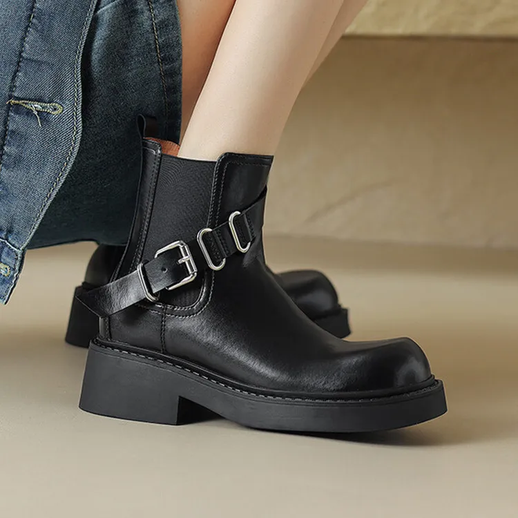 

Platform Women Chelsea Boots Black Real Leather Short Riding Botas Mujer Strap Buckle Thick Sole Elastic Motorcycle Botines