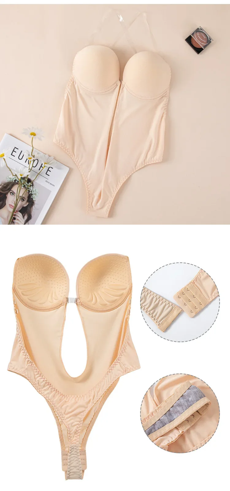 Unsichtbarer Body für Damen, Tanga, Former, Körperformung, sexy, tiefer V-Ausschnitt, rückenfrei, Korsett, Plunge, gepolstert, Push-Up, schlankmachende Unterwäsche – Detail 10
