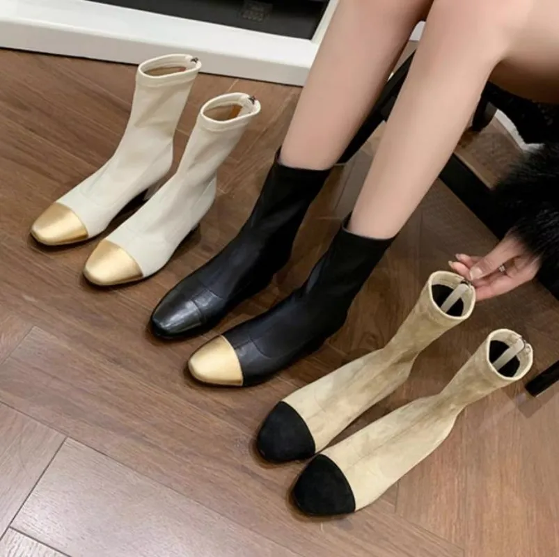 

2023 Fashion Mixed Colors Pointed Boots For Women Designer Retro Styles Back Zip Botas De Mujer Comfortable Rough Heel Boots