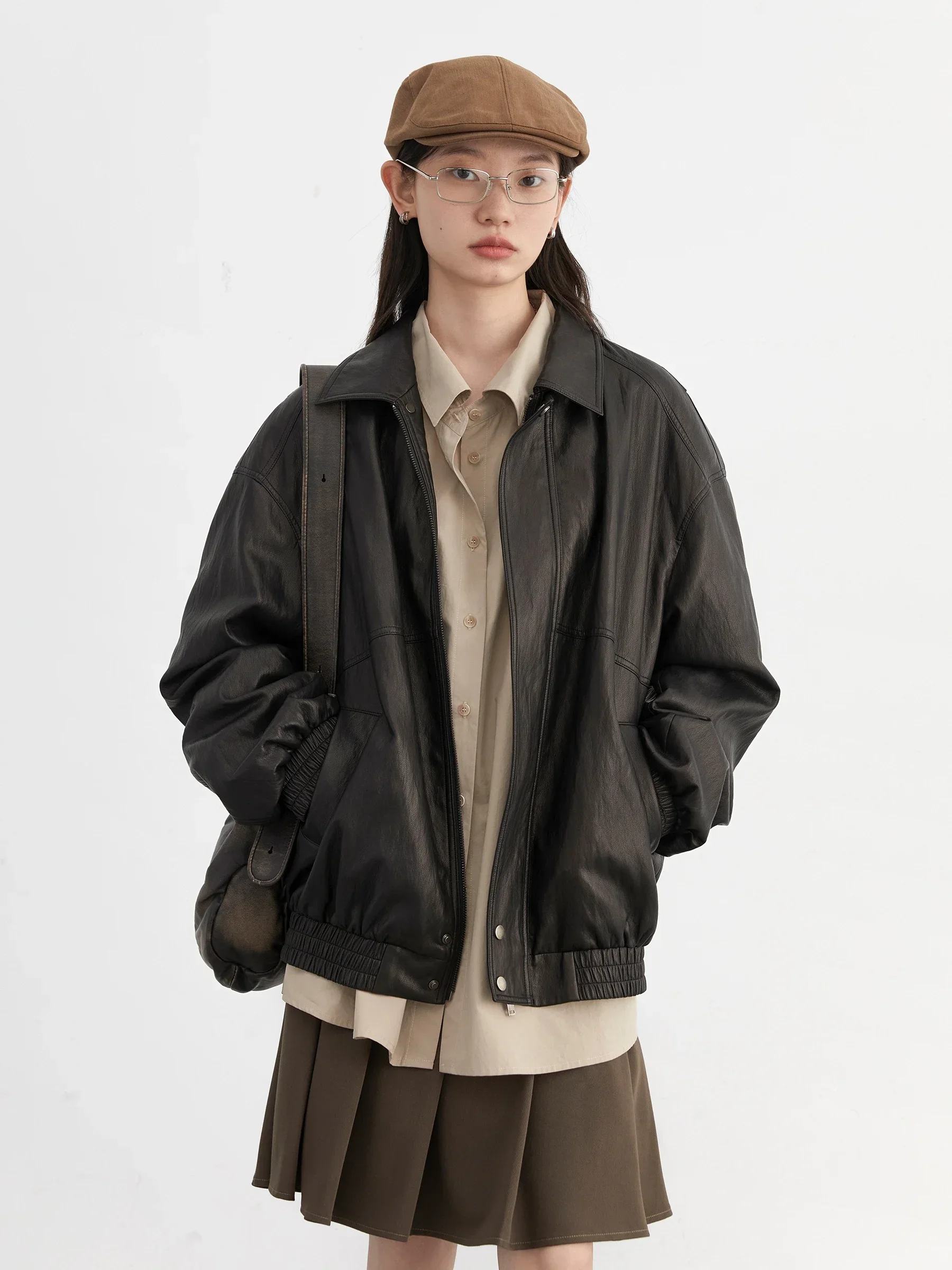 CHIC VEN Women PU Jacket Solid Faux Leather Loose Pleated Texture Female Coat Spring Autumn