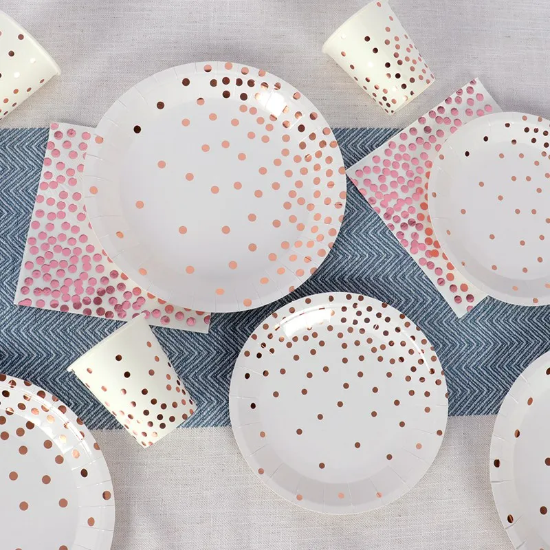Rose Gold Disposable Tableware Happy Birthday Party Decoration Kids Adult Paper Plates Cup Wedding Decor Baby Shower Girl
