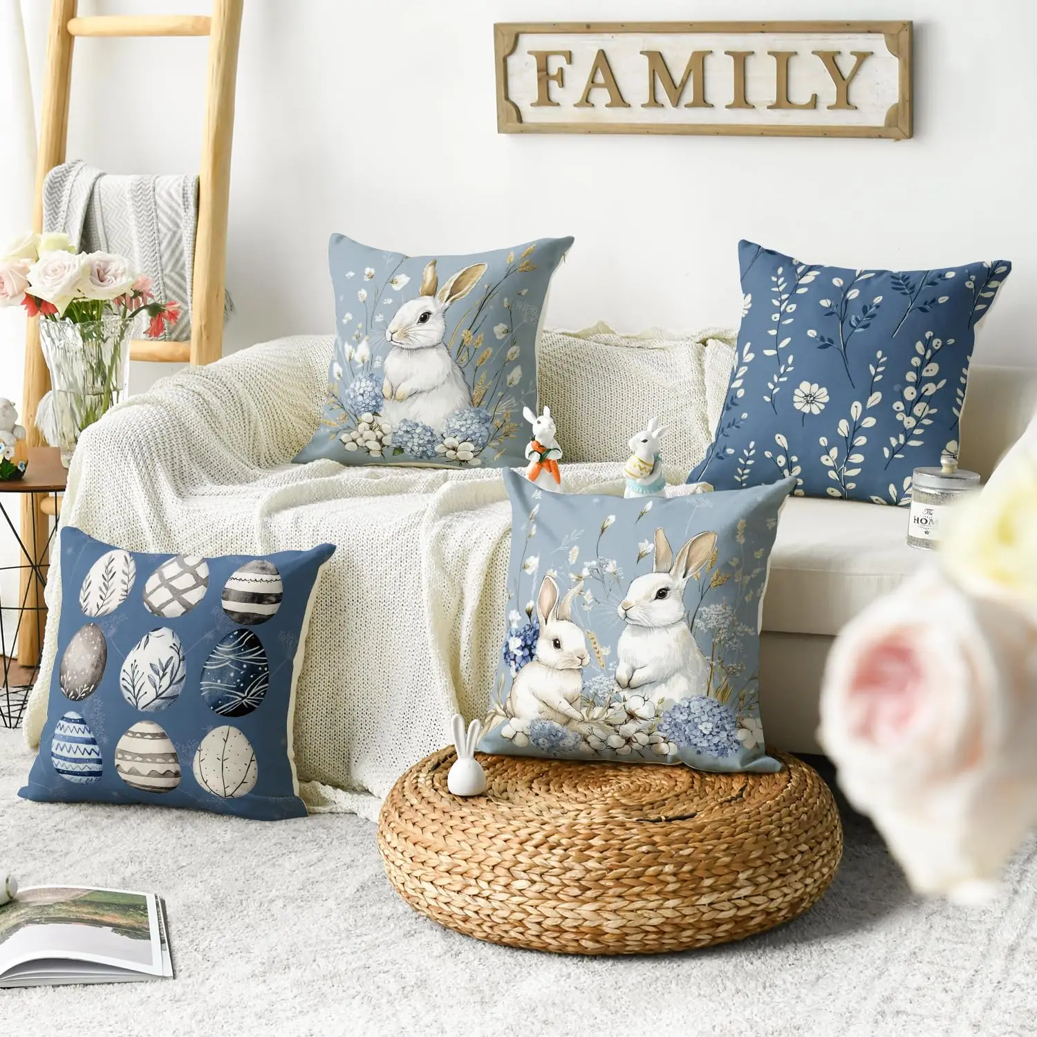 Easter Bunny Easter Egg Hydrangea blue pillow case, 18 x 18 inch eucalyptus leaf cotton cushion cover sofa decoration set of 4 2