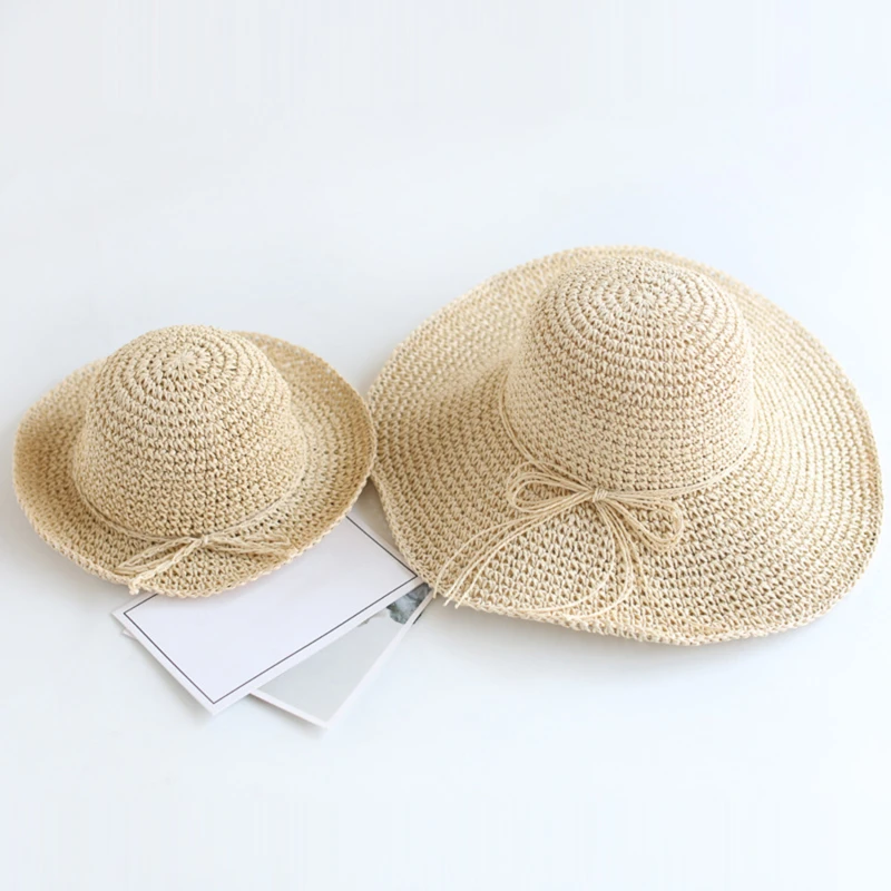 New Girls Hand Made Sun Hat Kids Summer Raffia Straw Hat Big Brim Beach Cap Foldable Breathable Summer Parent-child