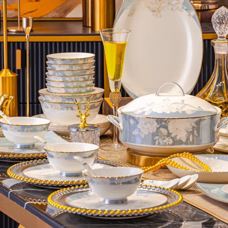 Tableware Ceramic Round Gold Trim Blue Floral Handmade Vintage Chinese Bowl Dish Suit Light Luxury Home Gift Desktop Decoration