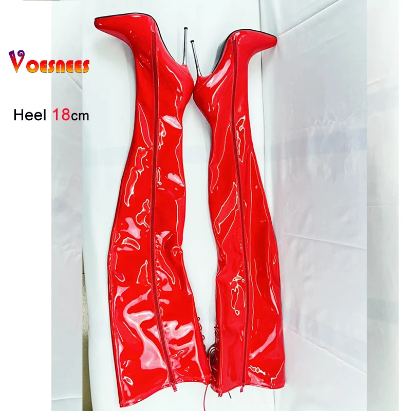 New Red Women Over The Knee Boots Patent Leather Stiletto Thin Heels Pointed Toe Sexy Super High Heel Side Zipper Modern Boots