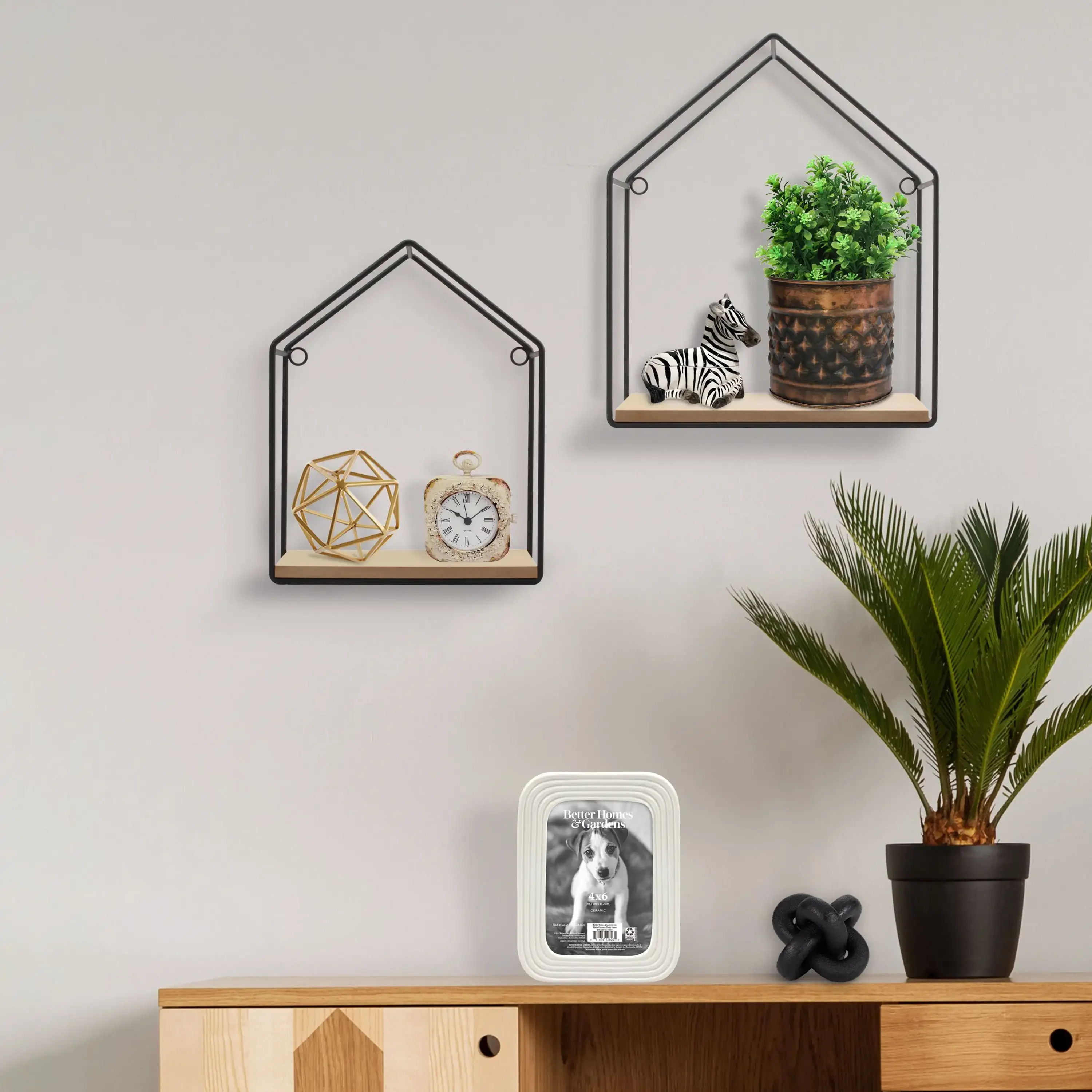 

Wood and Metal House Floating Shelves, Set of 2, 10 LB Capacity，Storage Organizer