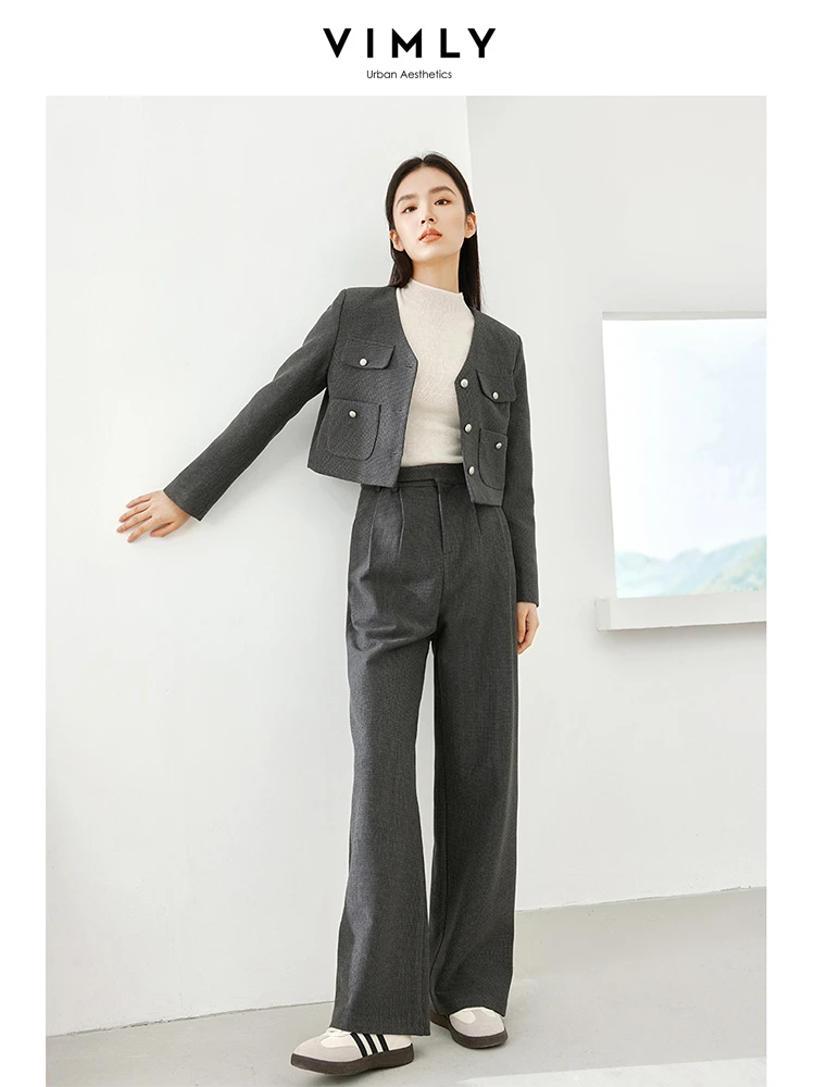 Vimly Sets for Women 2 Pieces V-neck Thick Cropped Jacket Wide Leg Pant 2023 Autumn Office Ladies Elegant Matching Sets M5726