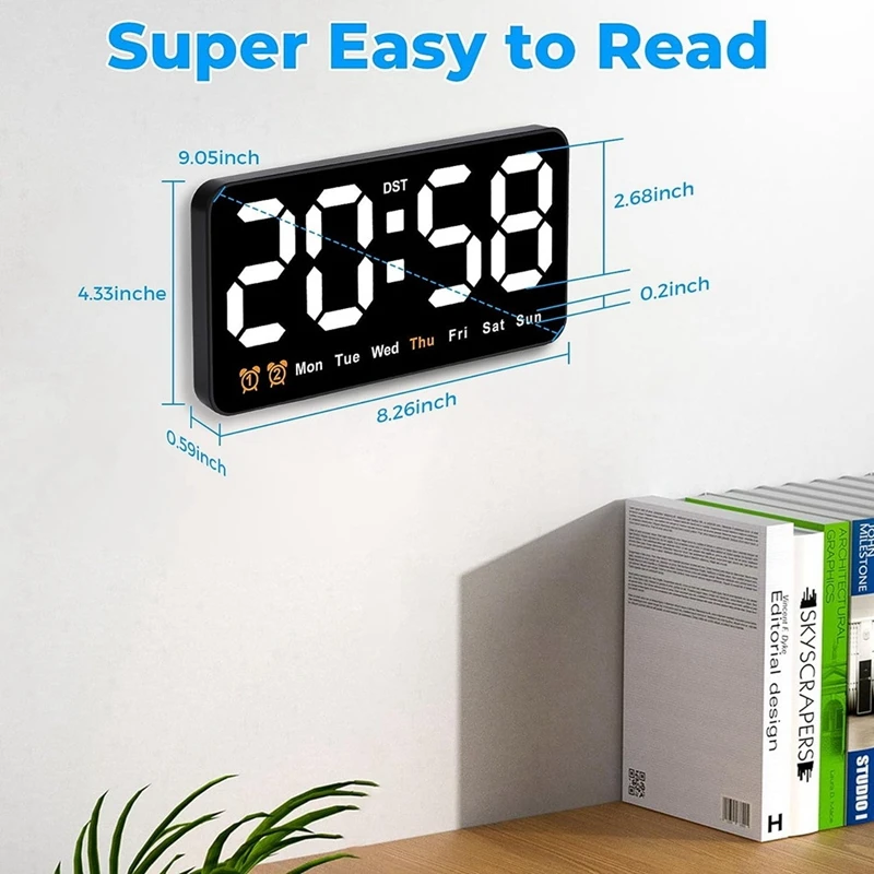 Digital Wall Clock, 9Inch LED Digital Clock Large Display With 12/24H, Big Digits,Small Silent Wall Clock Durable (White)