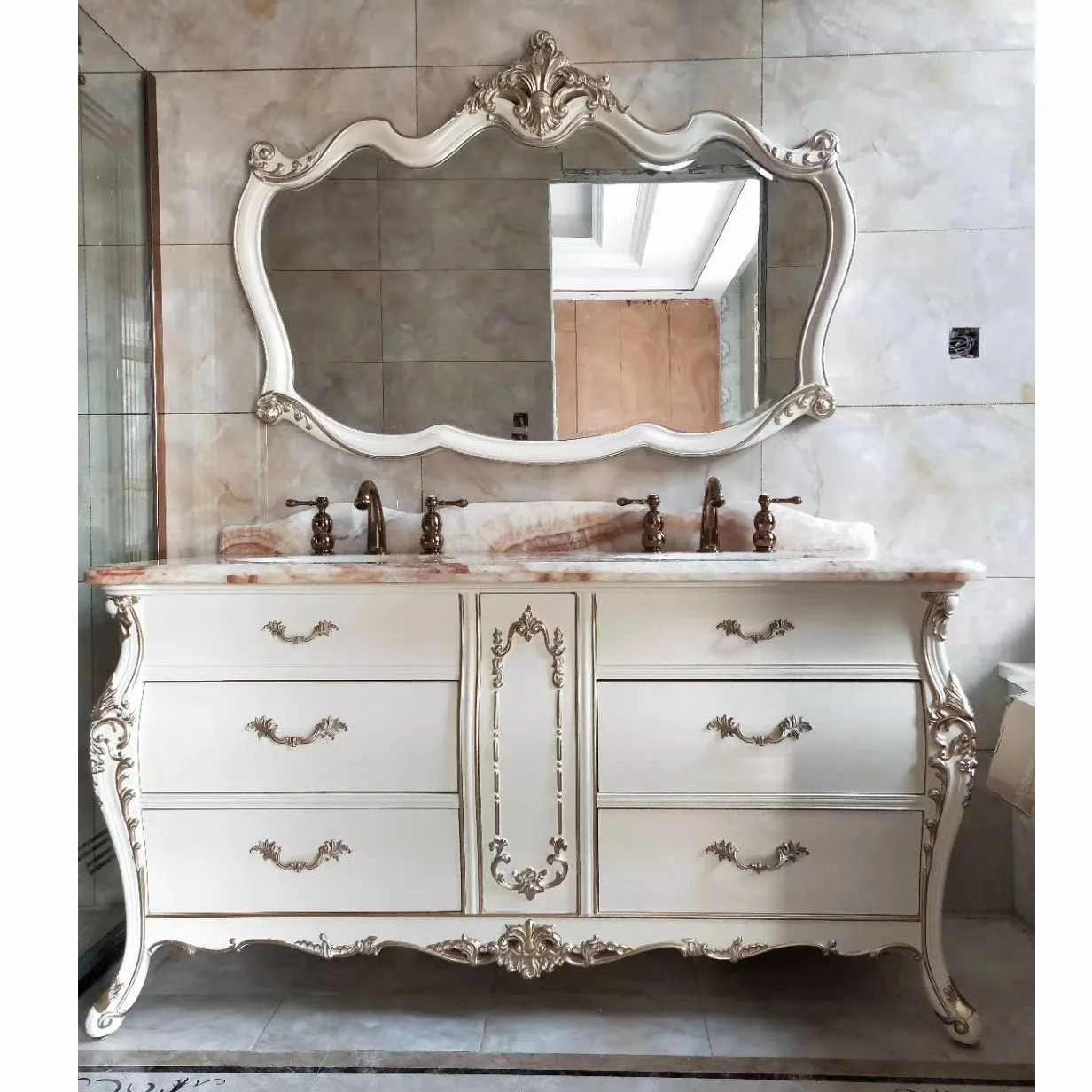 Arc European Bathroom Cabinet Oak Bathroom Cabinet Face and Hand Washing Double Basin Combination Washstand