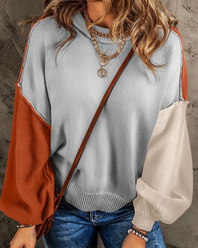 

2024 Autumn Winter Spring New Fashion Casual Colorblock Lantern Sleeve Piping Knit Sweater Lover Tops Female Clothing Outfits