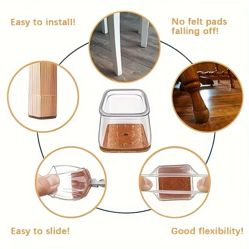 12-Pack Square Chair Leg Floor Protectors with Felt Pads - Anti-Slip Furniture Covers