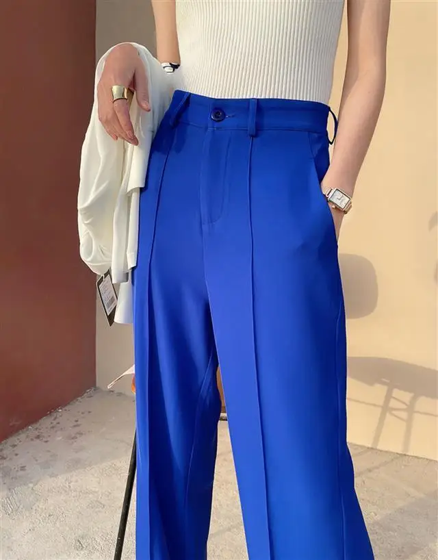 Blue White Wide Leg Pants Spring 2022 Womens Fashion Loose Women's Pants Office Full Length High Waisted Wide Trousers for Women flare pants