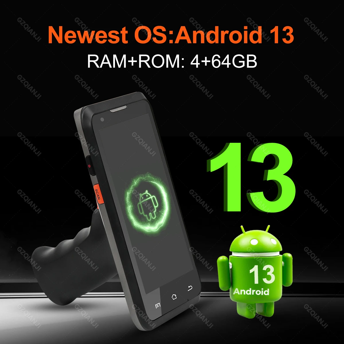 모바일 핸드헬드 바코드 스캐너 리더기, 4G 안드로이드 13, 그립 포함, 산업용 단말기, PDA, 2DCM60, 데이터 수집기, RAM4G, ROM64G, NFC