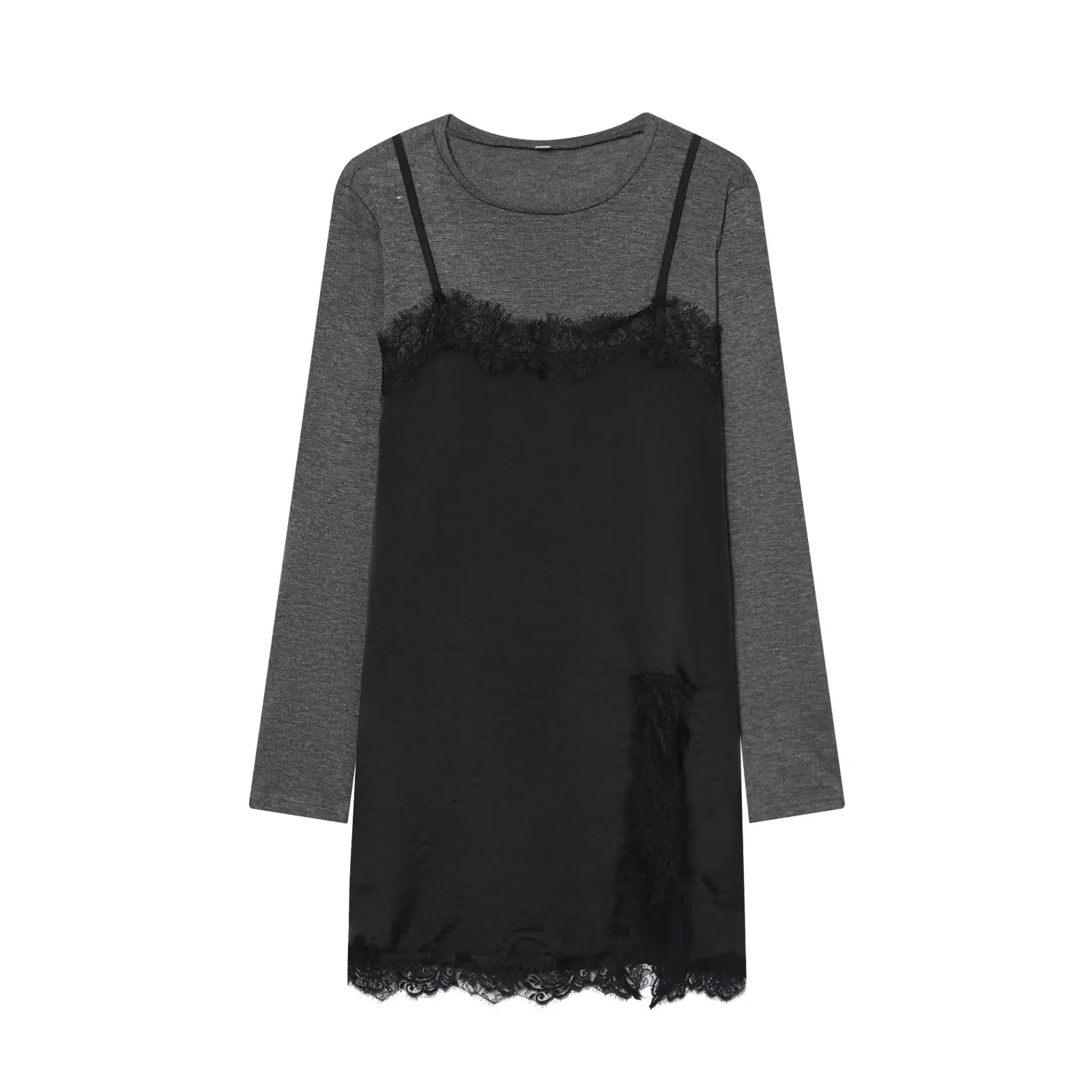 HH Damen Frühlings-Freizeitkleid mit Langen Ärmeln, Rundhalsausschnitt, Zweiteiliges Look, Spitzendekoration, Layering-Effekt, Vielseitiges Kleid für Frauen – Detail 2