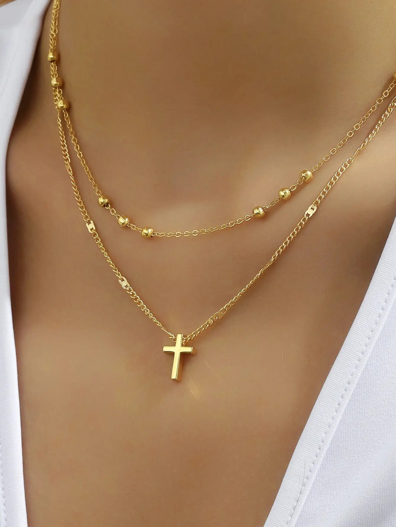 Vintage Cross Pendant Beads Chain Double Layer Necklace Ladies