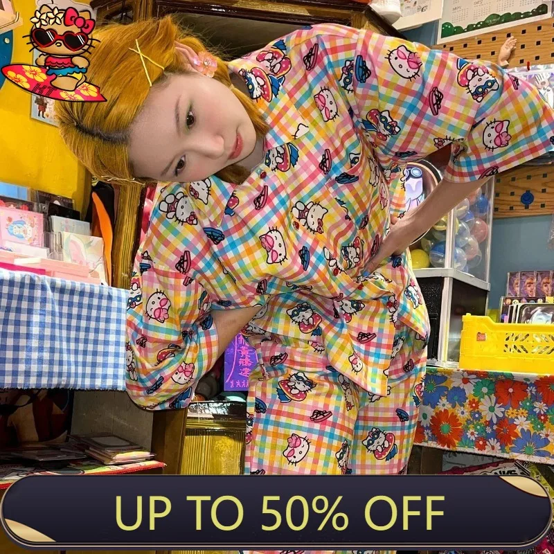 

Женская пижама с коротким рукавом допамин Hello Kitty с красочными мультяшными героями, домашняя одежда на весну и осень, брюки, повседневный комплект из двух предметов