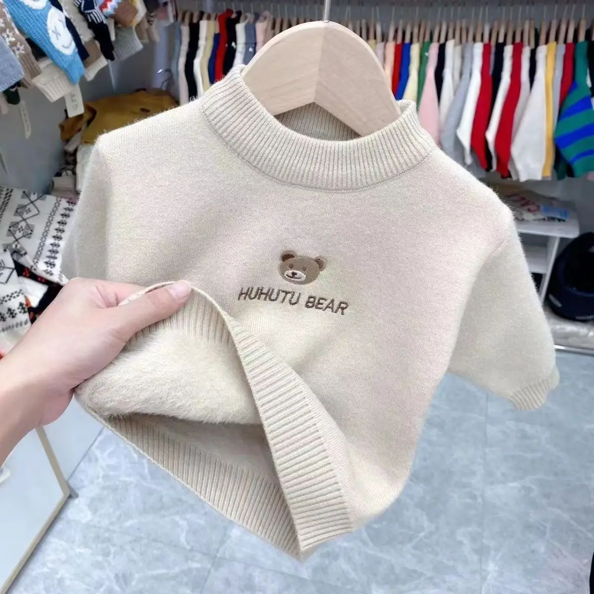 Childrens One Piece Plush Baby Sweater New Embroidered Half High Collar Autumn Winter Pullover For Boys And Girls With Bottom
