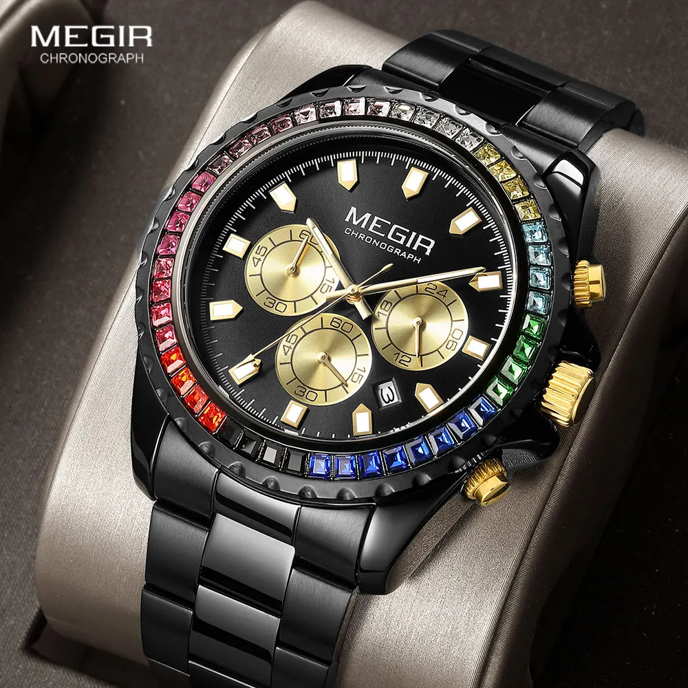 

MEGIR Black Watches for Men Fashion Analog Chronograph Quartz Wristwatch with Luminous Hands Date Stainless Steel Strap 24-hour