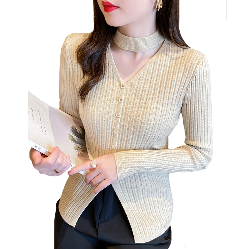 

2023 New Hanging Neck Sweater for Women's Spring and Autumn Wear Slim Fit Sexy Knitted Top Long Sleeve Cardigan Shirt