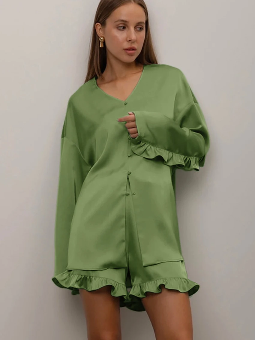 Marthaqiqi Casual Women Nightwear Suit Sexy V-Neck Sleepwear Long Sleeve Nightgowns Ruffle Edge Shorts Loose Ladies Pajamas Set