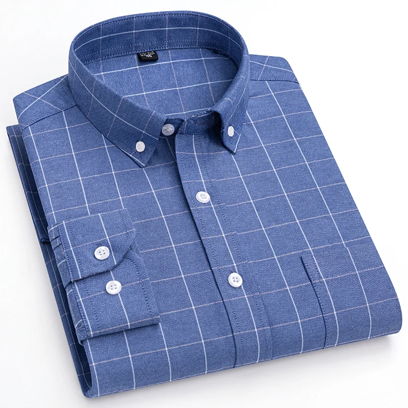 New 100% Cotton Men Oxford Shirts Long Sleeve Casual Plaid Soft Regular Fit Formal Dress Shirt Social Blouse Male Clothes S-7XL