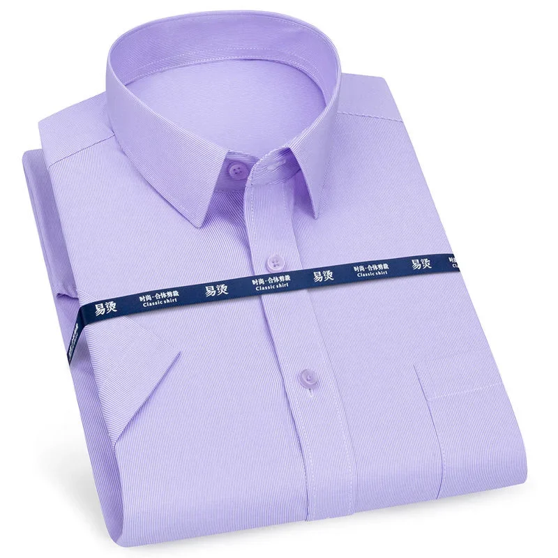 Mens Short Sleeve Shirt Business Casual Classic Plaid Striped Checked Male Social Dress Shirts Purple Blue Beach Quality Shirts dress shirts men casual shirts