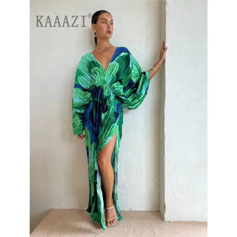 

KAAAZI V-neck Loose Backless Baggy Sleeve Women Split Maxi Dress Vintage Printed Vacation Elegant Pleated Long Dress Vestido