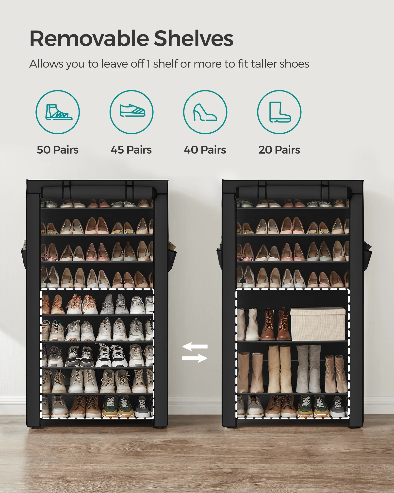 SONGMICS Shoe Rack, 9 Tier Shoe Organizer with Nonwoven Fabric Cover, Shoe Storage Shelf for 40-50 Pairs of Shoes, Entryway 3