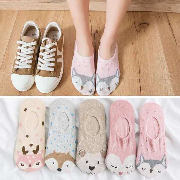 5 pairs Hot sale Cartoon Kawaii woman sock Mickey Minnie Donald winnie Daisy cotton girl slipper sock Funny invisible ankle sock Purple