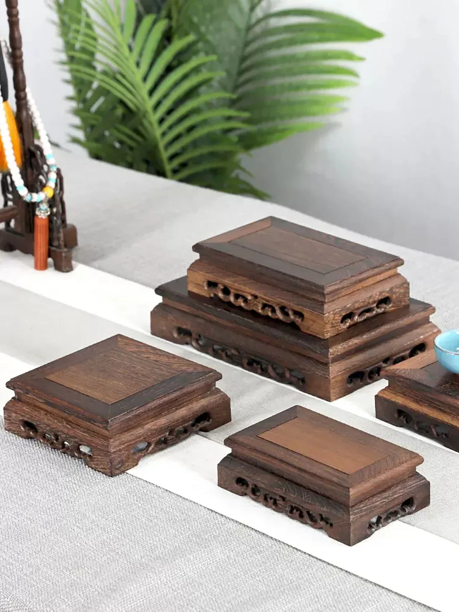 Solid Wood Square Hollow out Base, strange Stone incense Burner, Buddha Statue, Stone Vase, Flowerpot Bracket, Table