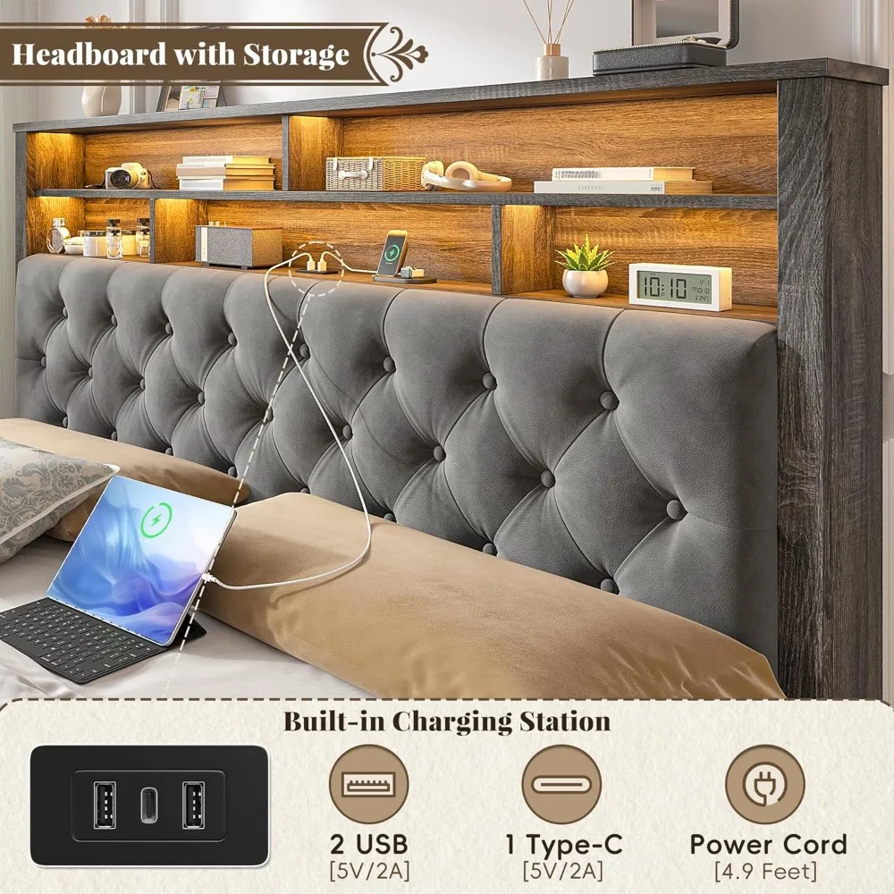 Queen Size Bed Frame with Storage Headboard and 4 Storage Drawers, Velvet Led Queen Size Bed Frame with Charging Station 3