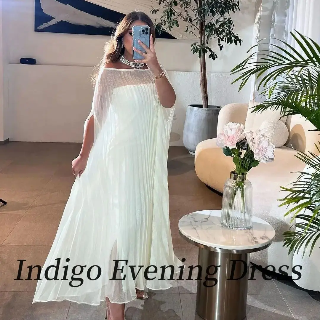 Indigo-vestido De noche De dos piezas para mujer, traje De gasa sin tirantes con cuello Barco, corte en A, Formal, para fiesta, 2024