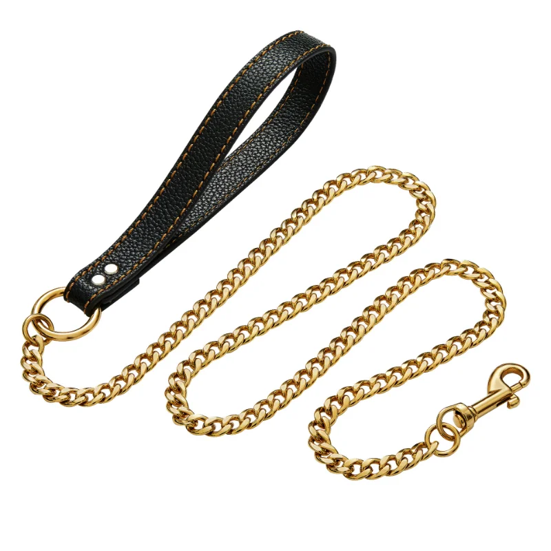 

Metal Dog Leash Stainless Steel Chain 18K Gold Pet Lead with Soft Pu Leather Handle For Medium Large Dog Walking Training