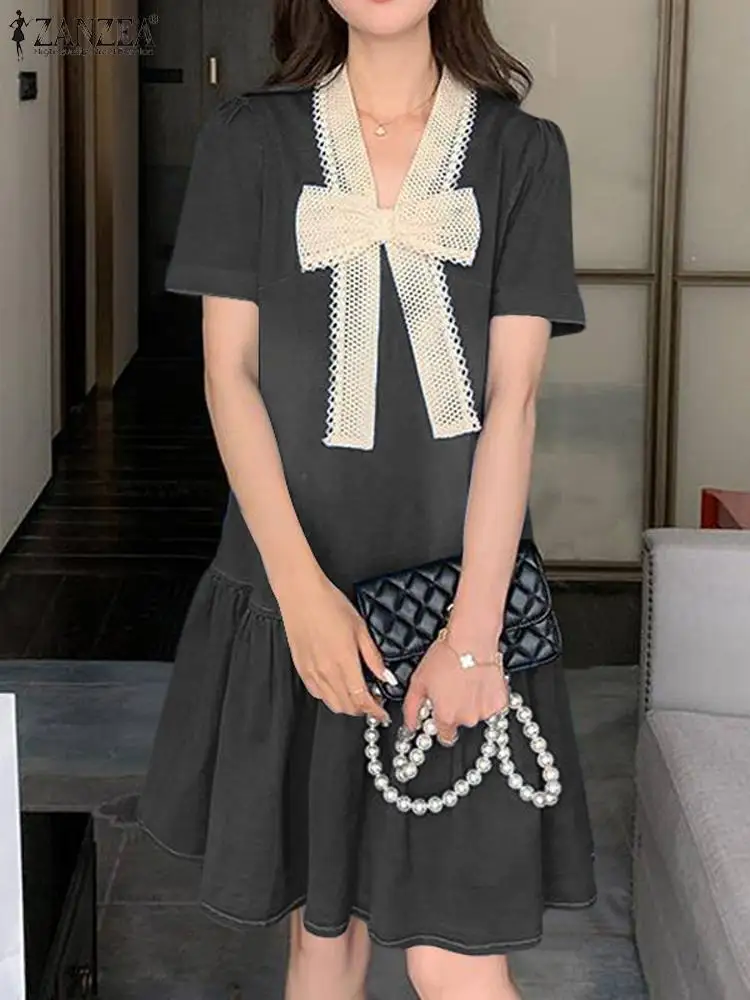 

Women Summer Short Sleeve Ruffles Hem Dress 2024 ZANZEA Korean Fashion Denim Style Sundress Stylish Bow Tie Party Vestido Robes