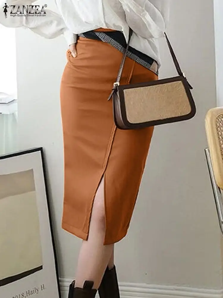 ZANZEA 2023 High Waist Long Faldas Autumn Front Slit Skirt Women Fashion Pu Leather Midi Skirts Female Korean OL Wrap Hips Jupe