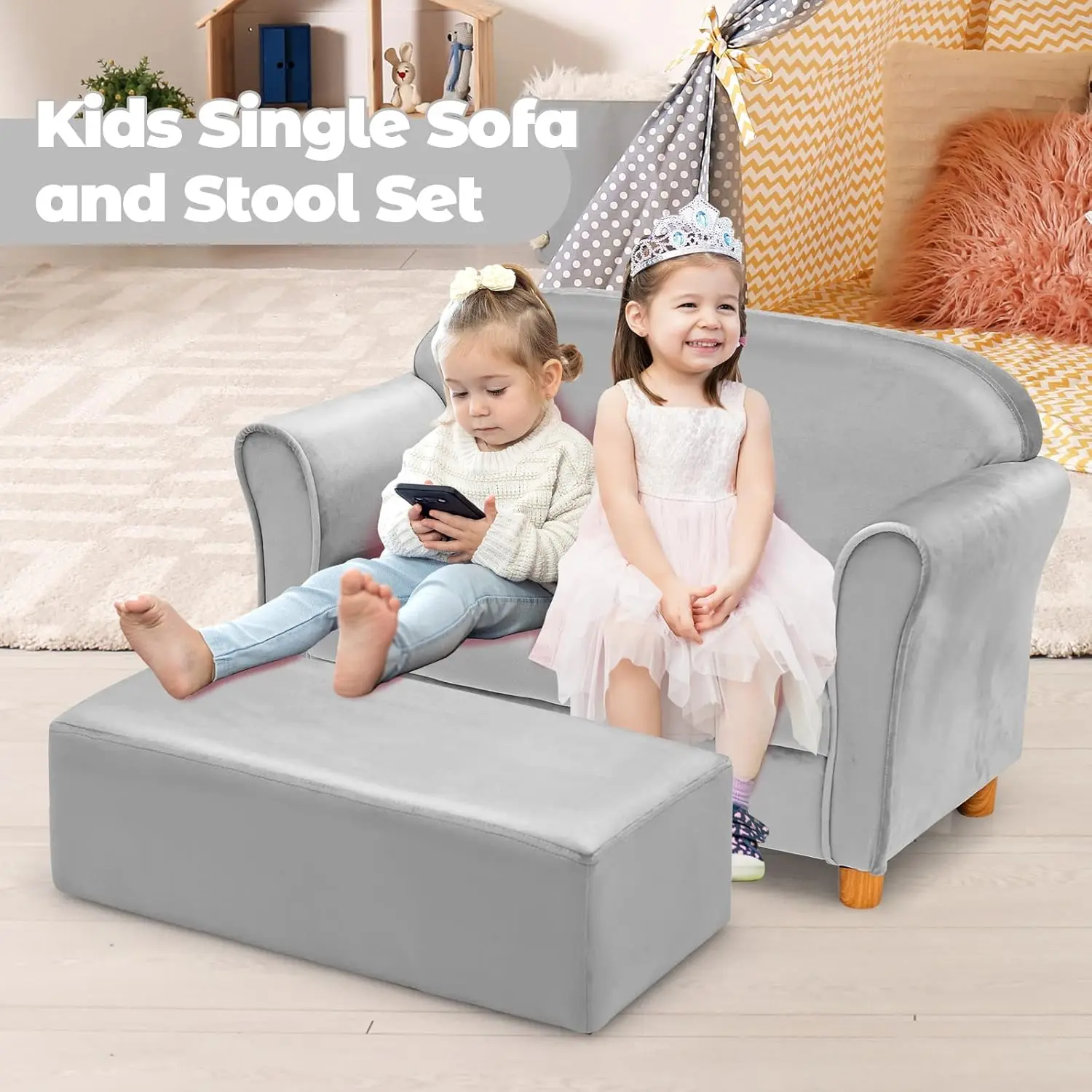 Kids Sofa with Ottoman, 2 Seat Toddler Upholstered Couch, Children Armrest Chair Lounge for Nursery Kindergarten Kids Room Boys