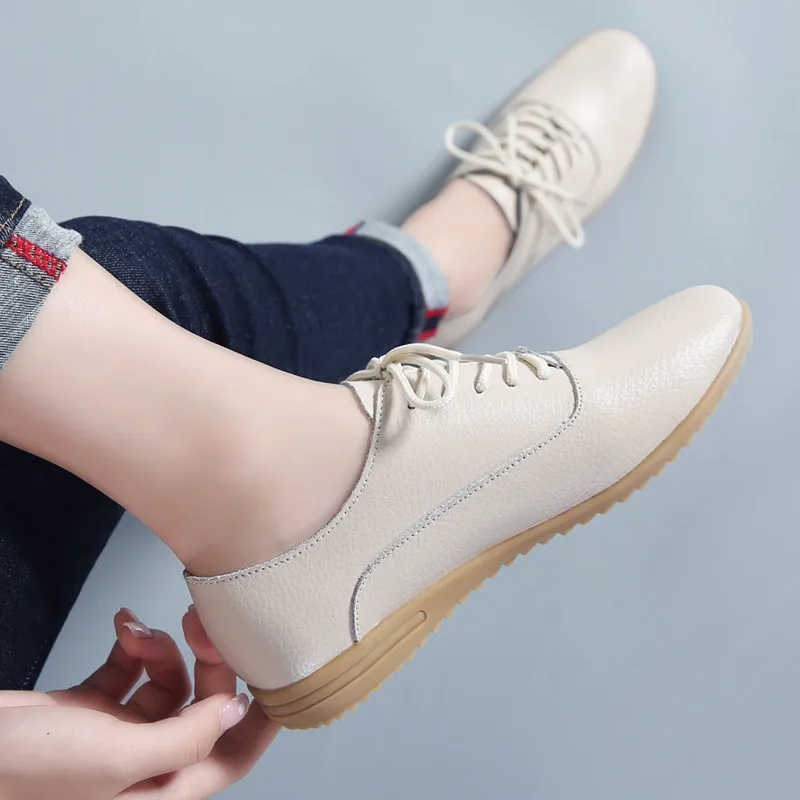 Summer Breathable Hollow White Shoes Women Flats Shoes Genuine Leather Women Sneakers Lace Up Loafers Soft Oxford