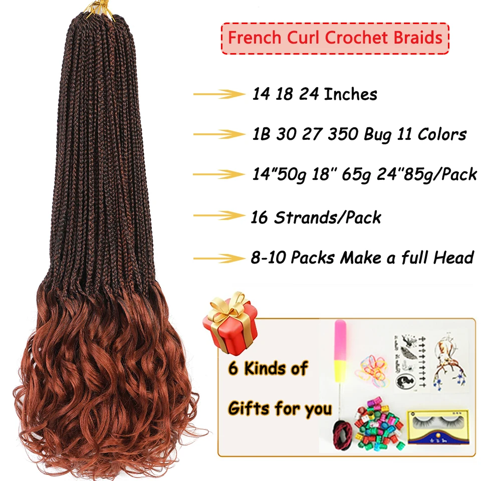 1-8 Packs Crochet French Curl Braids Ginger 350 30 27 Bug Colors Goddess French Curls Box Braids Crochet Braiding Hair for Women 2