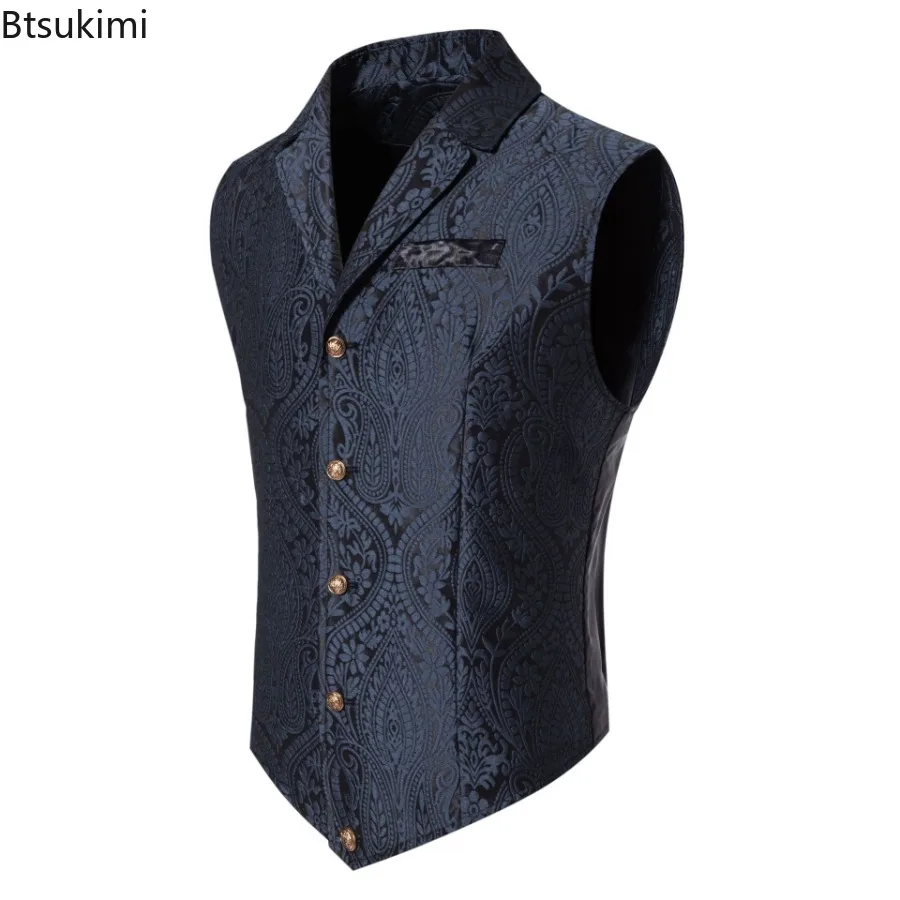 Men's Retro Jacquard Suit Vest Steampunk Gothic Waistcoat Fashion Slim Casual Vest Men Stage Performance Costume Dress