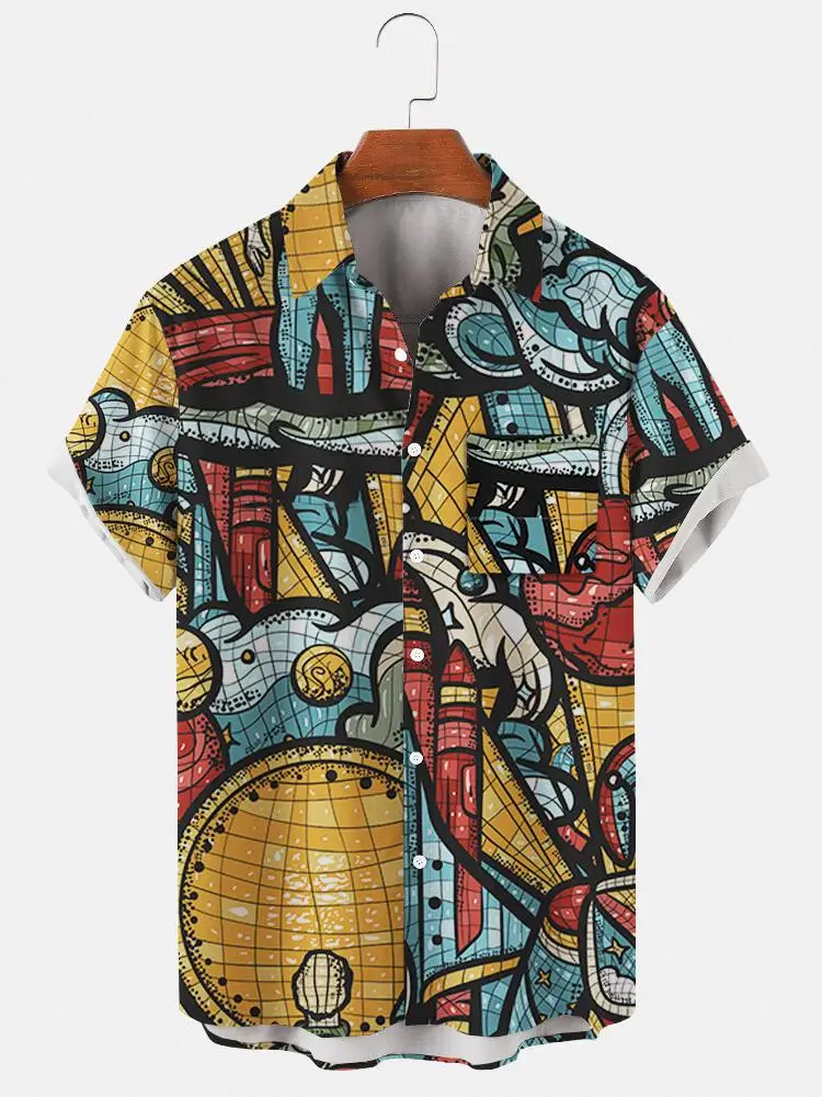 Men's 3D flame printed Hawaiian Casual Short Sleeved Shirt Summer Button Up