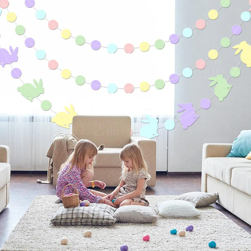 Pastel Colourful Rabbit Circle Dots Hanging Paper Garlands Banners Backdrops for Birthday Easter Them Party Home Decorations