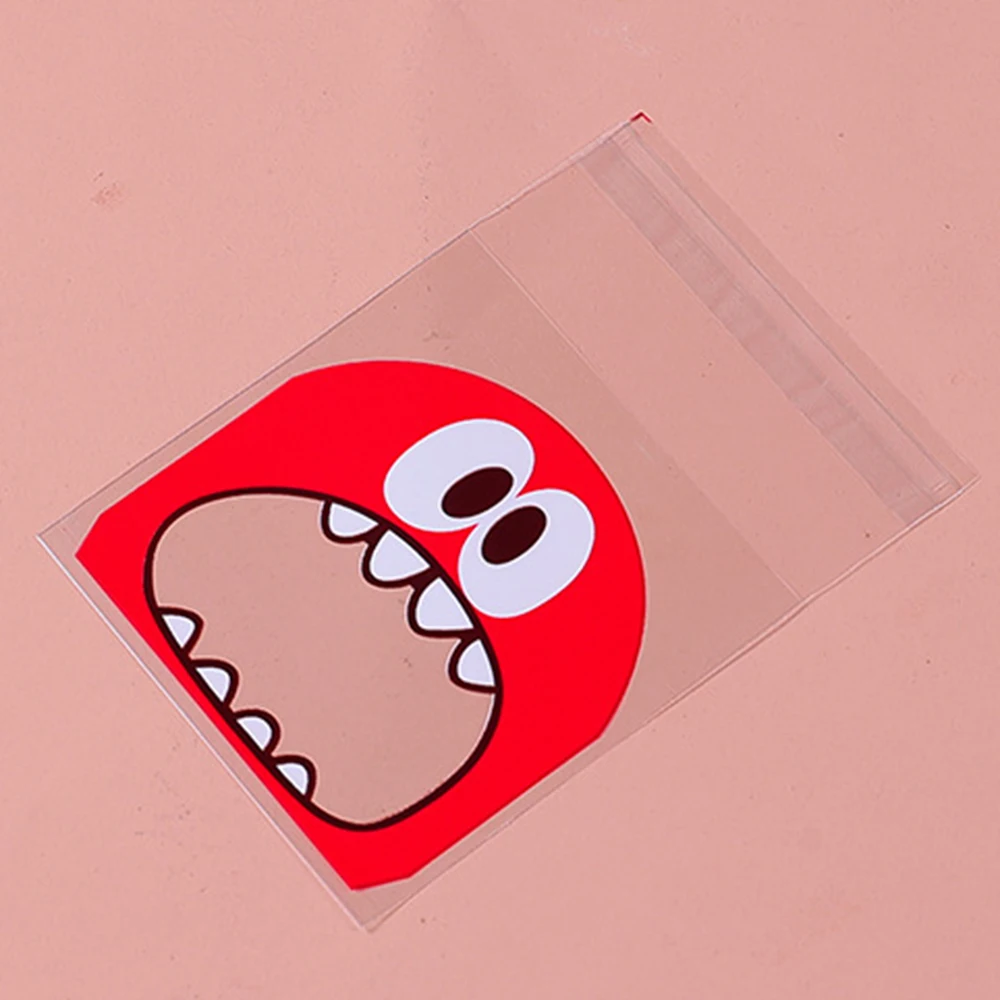 50/100 piezas de bolsas de galletas y dulces con forma de monstruo de dibujos animados, bolsas de plástico autoadhesivas para galletas, bocadillos, suministros para hornear, decoración de cumpleaños