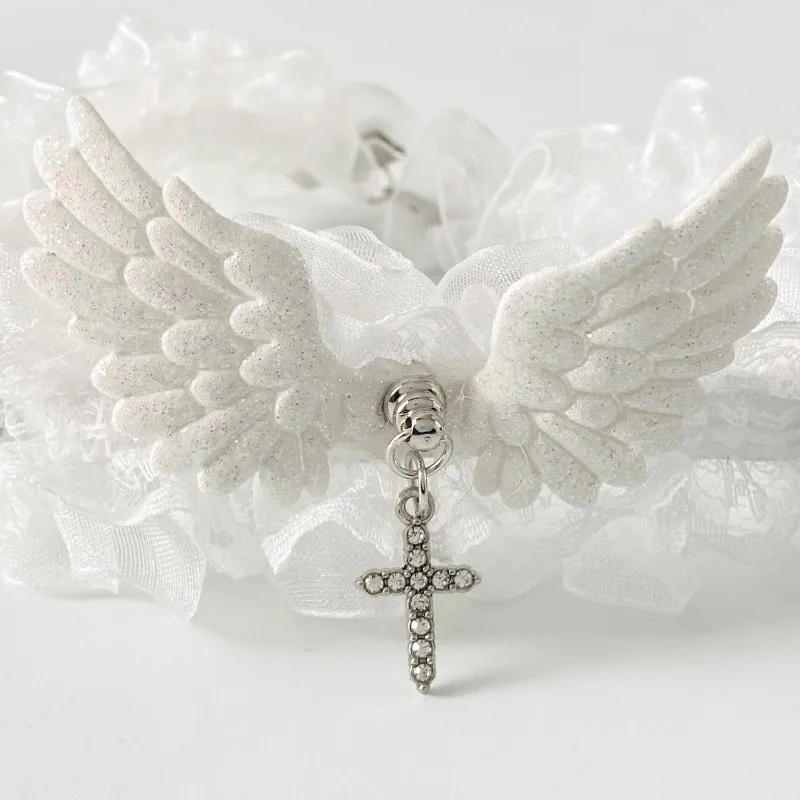 Fashion Solid Color Women Girls Necklace Wide Lace Rivets Lolita Lace Choker Y2K Angel Wings Cool Leather Necklace Daily Wear