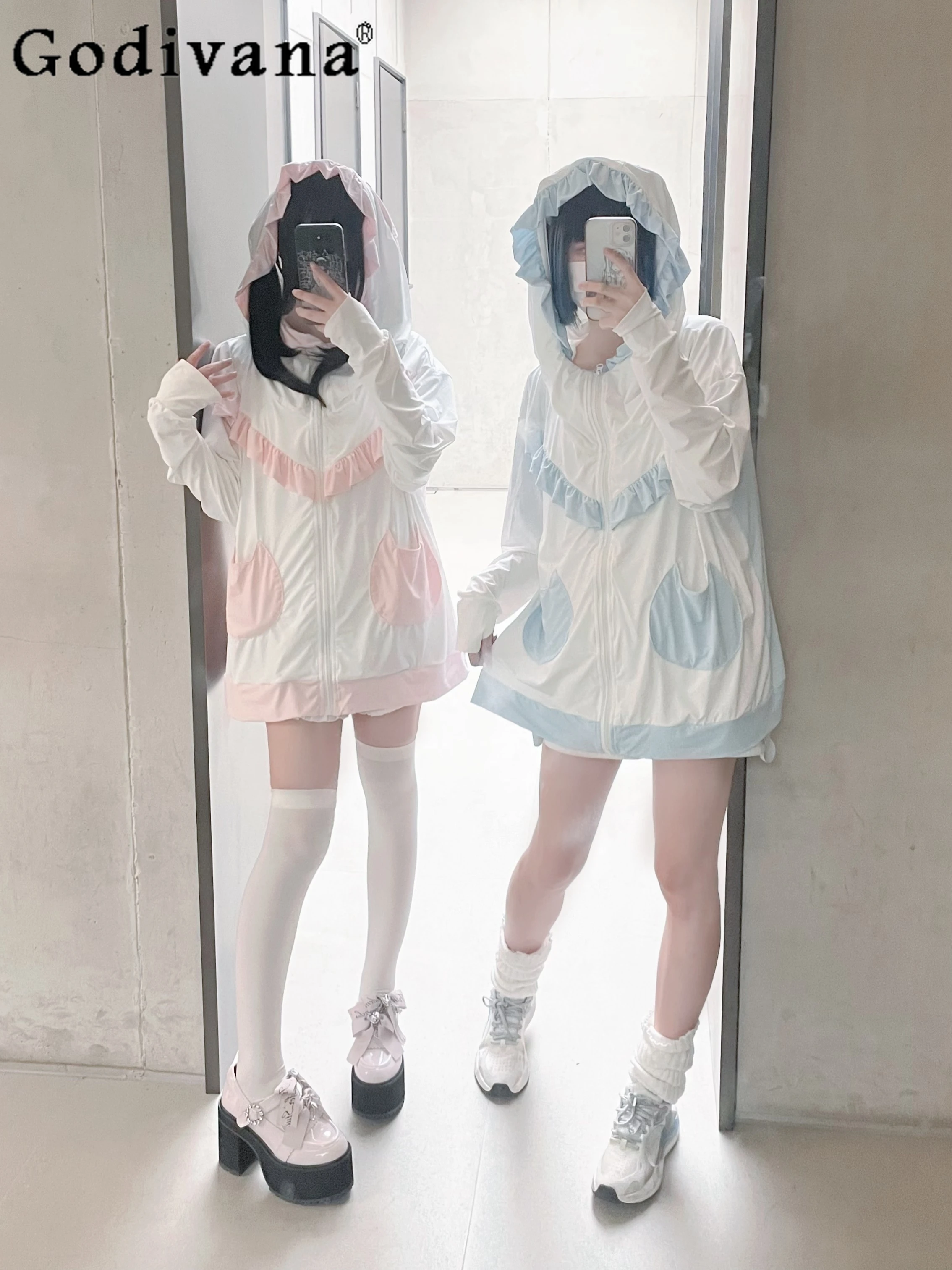 

Original Japanese Girly Sweet Cute Ruffled Edge Lolita Ice Silk Coat 2024 Summer New Fashion Loose Slim Elegant Coats for Women