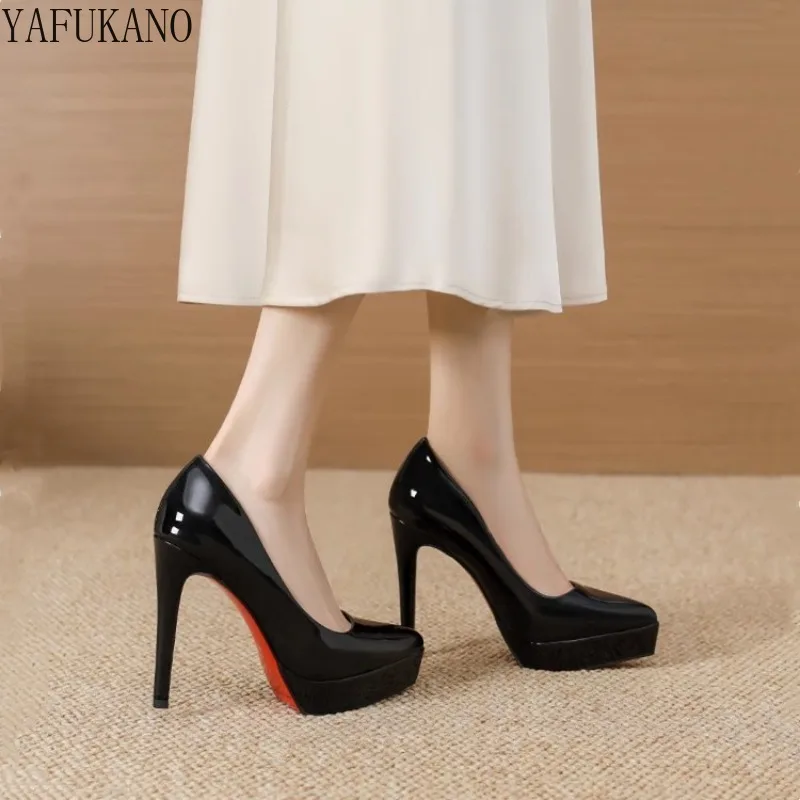 Nude Patent Leather High Heels 2025 Pointed Toe Waterproof Platform Thin Heel Shoes12CM Girl Party Prom Pumps Small Size 32 33 4