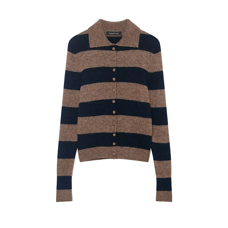 2025 New Women Fashion Stripe Knitted Cardigans Long Sleeve Lapel Short Sweater Cardigan Autumn Winter New Style Knitwear Coat